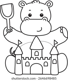 Contorno da série de animais engraçados de bebê hipopótamo. Colorir páginas da vida de desenhos de hipopótamo fofo. contorno de Hipopótamo jogando um castelo de areia 