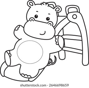 Outline of Funny baby hippo animal series. Coloring pages of  life of fluffy hippo designs. outline of Hippo playing a sliding