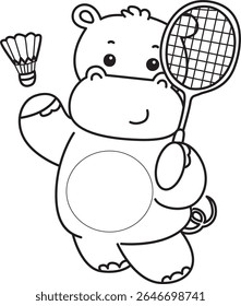 Contorno da série de animais engraçados de bebê hipopótamo. Colorir páginas da vida de desenhos de hipopótamo fofo. contorno de hipopótamo jogando um badminton