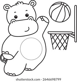 Contorno da série de animais engraçados de bebê hipopótamo. Colorir páginas da vida de desenhos de hipopótamo fofo. contorno de Hipopótamo jogando uma bola de basquete