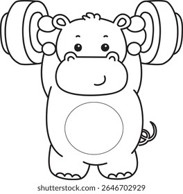 Outline of Funny baby hippo animal series. Coloring pages of  life of fluffy hippo designs. outline of Hippo lifting a dumbbell