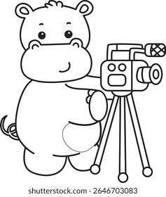 Outline of Funny baby hippo animal series. Coloring pages of  life of fluffy hippo designs. outline of Hippo making content with camera