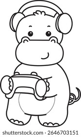 Contorno da série de animais engraçados de bebê hipopótamo. Colorir páginas da vida de desenhos de hipopótamo fofo. contorno de Hipopótamo jogando um jogo