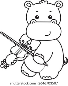 Outline of Funny baby hippo animal series. Coloring pages of  life of fluffy hippo designs. outline of Hippo playing a violin