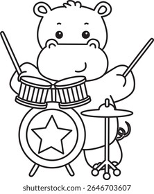 Contorno da série de animais engraçados de bebê hipopótamo. Colorir páginas da vida de desenhos de hipopótamo fofo. contorno de Hipopótamo tocando um tambor na banda