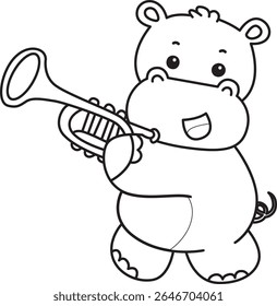 Outline of Funny baby hippo animal series. Coloring pages of  life of fluffy hippo designs. outline of Hippo playing a trumpet
