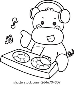 Contorno da série de animais engraçados de bebê hipopótamo. Colorir páginas da vida de projetos de hipopótamo fofo. contorno de Hipopótamo tocando um disco no clube