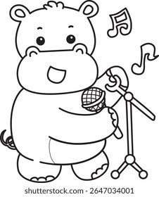 Outline of Funny baby hippo animal series. Coloring pages of  life of fluffy hippo designs. outline of Hippo sing a song with microphone