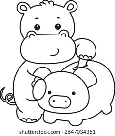 Contorno da série de animais engraçados de bebê hipopótamo. Colorir páginas da vida de desenhos de hipopótamo fofo. esboço de Hipopótamo poupa dinheiro no banco Piggy