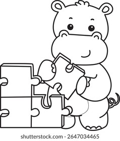 Outline of Funny baby hippo animal series. Coloring pages of  life of fluffy hippo designs. outline of Hippo playing a puzzle