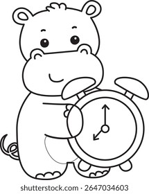 Outline of Funny baby hippo animal series. Coloring pages of  life of fluffy hippo designs. outline of Hippo bring an alarm clock