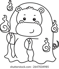 Contorno da série de animais engraçados de bebê hipopótamo. Colorir páginas da vida de desenhos de hipopótamo fofo. contorno de Hipopótamo vestindo um traje fantasma branco 
