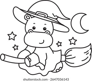 Contorno da série de animais engraçados de bebê hipopótamo. Colorir páginas da vida de projetos de hipopótamo fofo. esboço de bruxa Hippo voando com vassoura