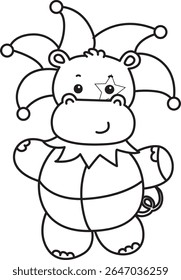 Contorno da série de animais engraçados de bebê hipopótamo. Colorir páginas da vida de desenhos de hipopótamo fofo. contorno de Hipopótamo vestindo um traje de palhaço