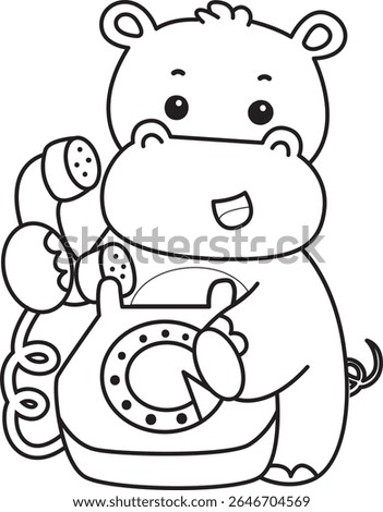 Outline of Funny baby hippo animal series. Coloring pages of  life of fluffy hippo designs. outline of Hippo calling someone by phone