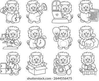 Outline of Funny baby Lion animal series. Coloring pages of life of fluffy Lion designs. Outline of lion in the variation of education and smart.