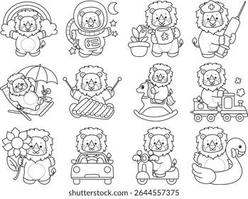 Outline of Funny baby Lion animal series. Coloring pages of life of fluffy Lion designs. Outline of lion in the variation of random activity.