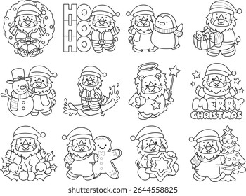 Outline of Funny baby Lion animal series. Coloring pages of life of fluffy Lion designs. Outline of lion in the christmas theme. 