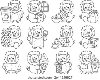 Outline of Funny baby Lion animal series. Coloring pages of life of fluffy Lion designs. Outline of lion in the variation of beverage and drink.