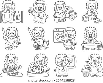 Outline of Funny baby Lion animal series. Coloring pages of life of fluffy Lion designs. Outline of lion in the variation of house keeping and laundry.