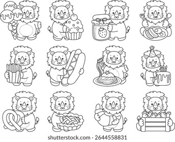 Outline of Funny baby Lion animal series. Coloring pages of life of fluffy Lion designs. Outline of lion in the variation of street food and snack.