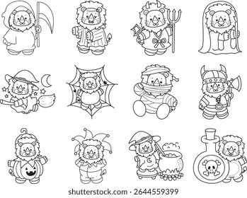 Outline of Funny baby Lion animal series. Coloring pages of life of fluffy Lion designs. Outline of happy halloween from lion. 