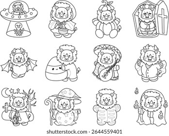 Outline of Funny baby Lion animal series. Coloring pages of life of fluffy Lion designs. Outline of lion in the variation of halloween party. 