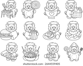 Outline of Funny baby Lion animal series. Coloring pages of life of fluffy Lion designs. Outline of lion in the variation of fast food and dessert.