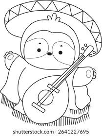 Outline of Funny baby sloth animal series stock. Lineart of fluffy sloth. outline of sloth wearing an Indiana costume 