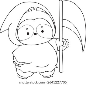 Outline of Funny baby sloth animal series stock. Lineart of fluffy sloth. outline of sloth wearing an angel of death costume