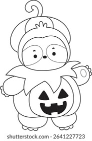 Outline of Funny baby sloth animal series stock. Lineart of fluffy sloth. outline of sloth wearing a pumpkin costume in Halloween
