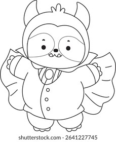 Outline of Funny baby sloth animal series stock. Lineart of fluffy sloth. outline of sloth wearing a vampire costume 