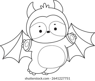 Outline of Funny baby sloth animal series stock. Lineart of fluffy sloth. outline of sloth wearing a bat costume