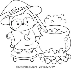 Outline of Funny baby sloth animal series stock. Lineart of fluffy sloth. outline of witch sloth cooking a potion 