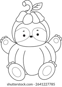 Outline of Funny baby sloth animal series stock. Lineart of fluffy sloth. outline of sloth wearing a pumpkin costume 