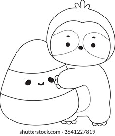 Outline of Funny baby sloth animal series stock. Lineart of fluffy sloth. outline of sloth hugging a yellow candy