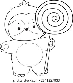 Outline of Funny baby sloth animal series stock. Lineart of fluffy sloth. outline of sloth bring a lollipop
