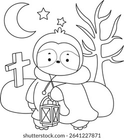 Outline of Funny baby sloth animal series stock. Lineart of fluffy sloth. outline of sloth wearing a Hoodie costume in the grave