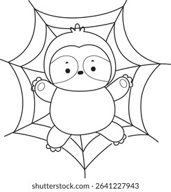 Outline of Funny baby sloth animal series stock. Lineart of fluffy sloth. outline of sloth stuck in the spider web