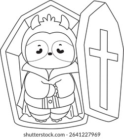 Outline of Funny baby sloth animal series stock. Lineart of fluffy sloth. outline of vampire sloth sleeping in the grave
