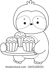 Outline of Funny baby sloth animal series stock. Lineart of fluffy sloth.
outline of sloth bring a three of cupcakes
