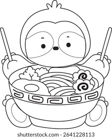 Outline of Funny baby sloth animal series stock. Lineart of fluffy sloth. outline of sloth want to eating ramen