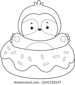 Outline of Funny baby sloth animal series stock. Lineart of fluffy sloth. outline of sloth stuck in the doughnut