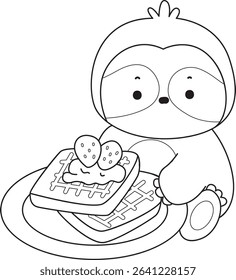 Outline of Funny baby sloth animal series stock. Lineart of fluffy sloth. outline of sloth bring a strawberry bread
