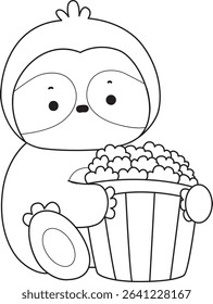 Outline of Funny baby sloth animal series stock. Lineart of fluffy sloth. outline of sloth bring a popcorn