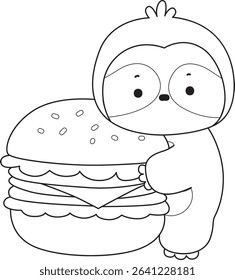 Outline of Funny baby sloth animal series stock. Lineart of fluffy sloth. outline of sloth bring a big burger
