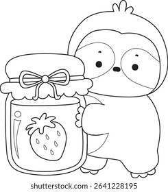 Outline of Funny baby sloth animal series stock. Lineart of fluffy sloth. outline of sloth bring a strawberry jam