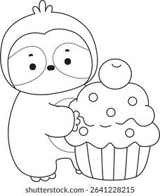 Outline of Funny baby sloth animal series stock. Lineart of fluffy sloth. outline of sloth bring a creamy cupcake 