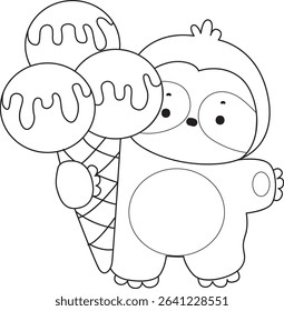 Outline of Funny baby sloth animal series stock. Lineart of fluffy sloth. outline of sloth bring a three scoop of ice cream
