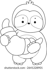 Outline of Funny baby sloth animal series stock. Lineart of fluffy sloth. outline of sloth bring a bread
